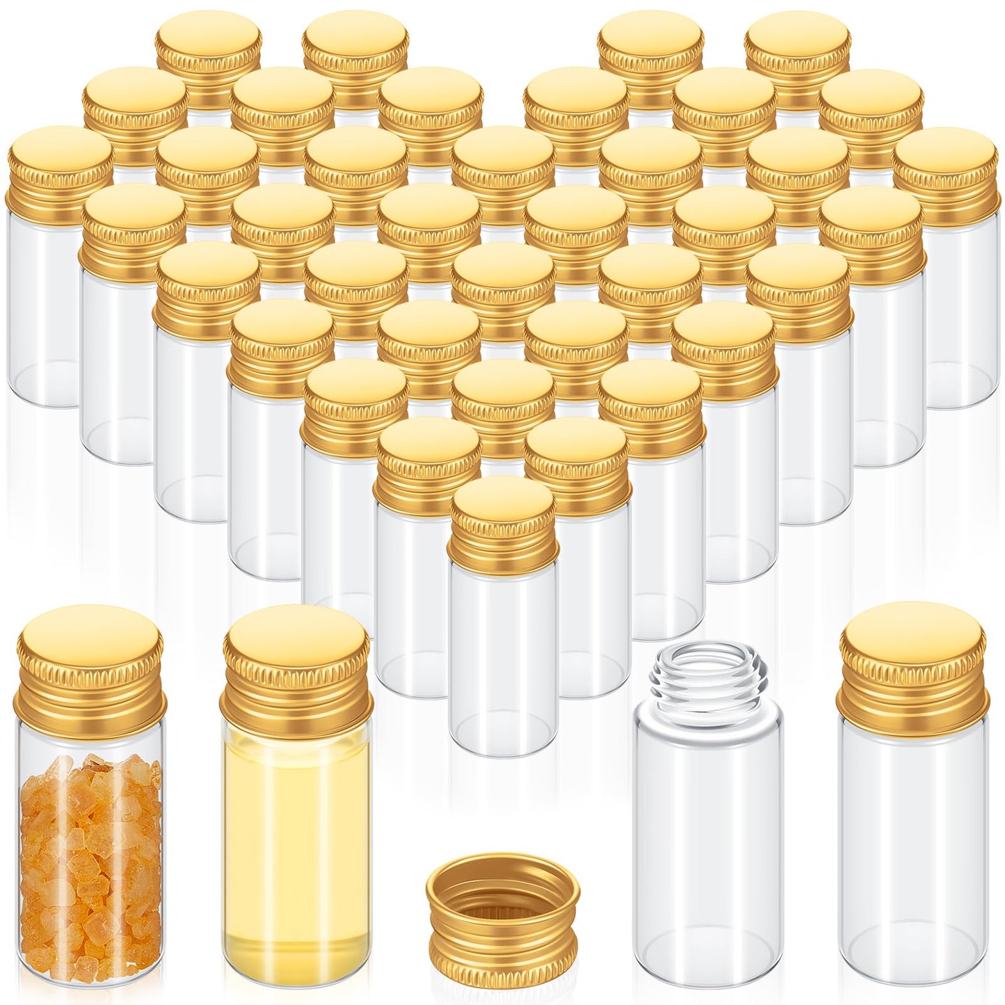 Didaey 100 Pcs Small Clear Vials Spice Mini Jars with Lids Mini Glass Bottles with Screw Aluminum Metal Caps Tiny Jars Sample Containers for Powder Cream Cosmetic Jewelry Wedding(10 ml,Gold Caps)