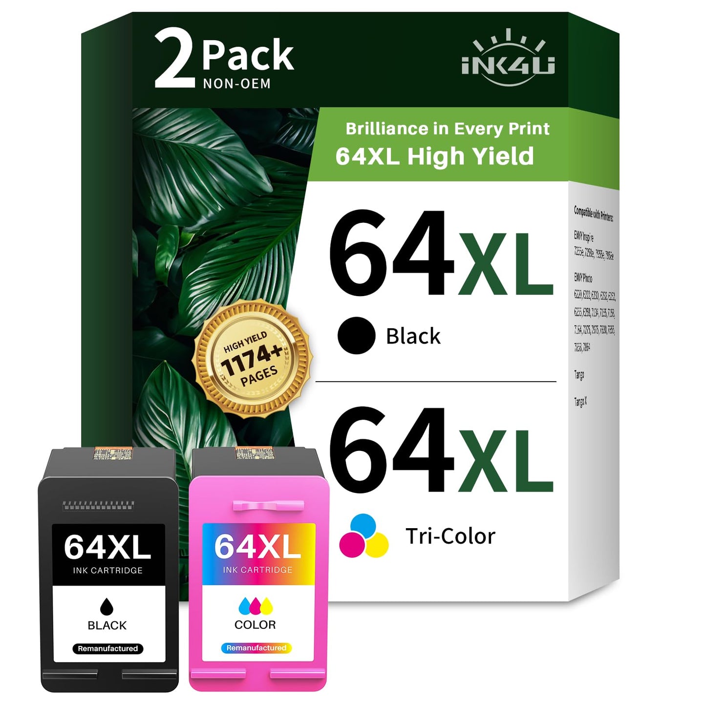 64 XL Ink Cartridges Combo Pack Remanufactured Replacement for 64XL Ink Cartridges for HP Printers for Envy Photo 7855 7864 7120 7130 7858 6252 6255 6258 Tango Terra Printer (Black, Tri-Color, 2-Pack)