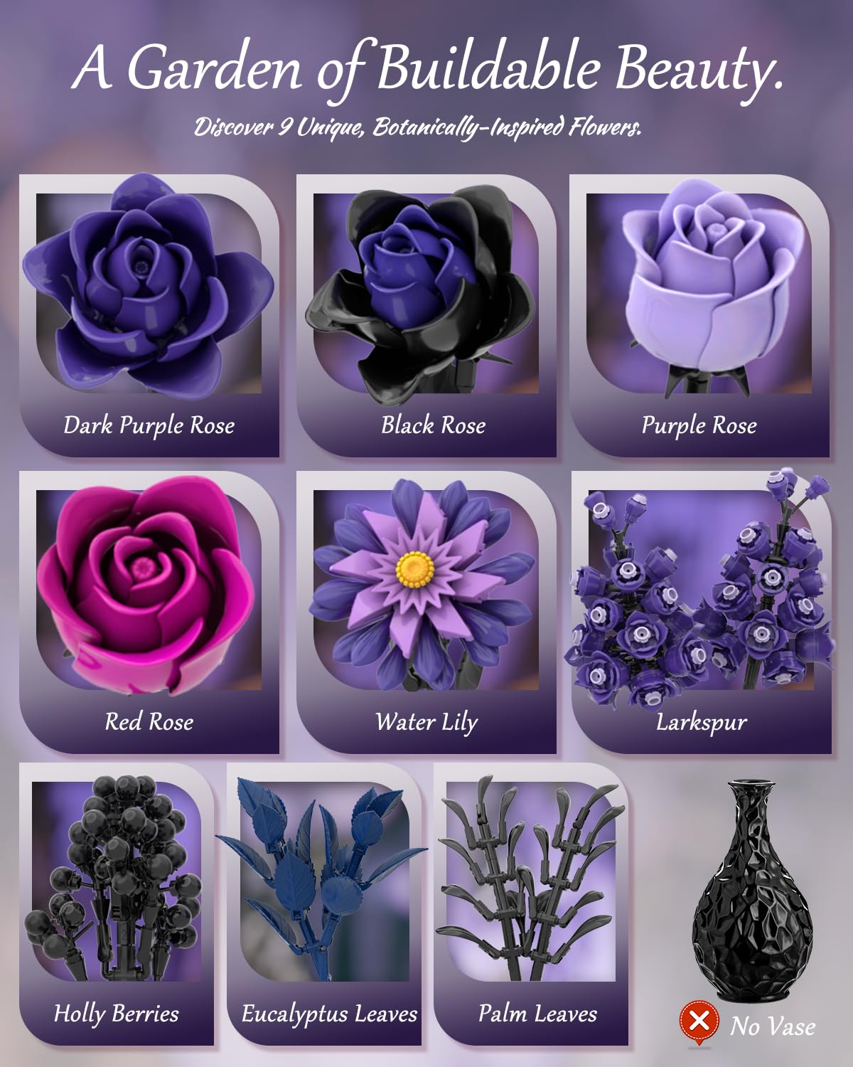 Purple Rose Bouquet Building Set, Artificial Floral Building Toys for Gothic Home Decor, Ideal Gift for Halloween & Christmas, Compatible with Lego Flower Set for Adults, Women, and Teen Girls