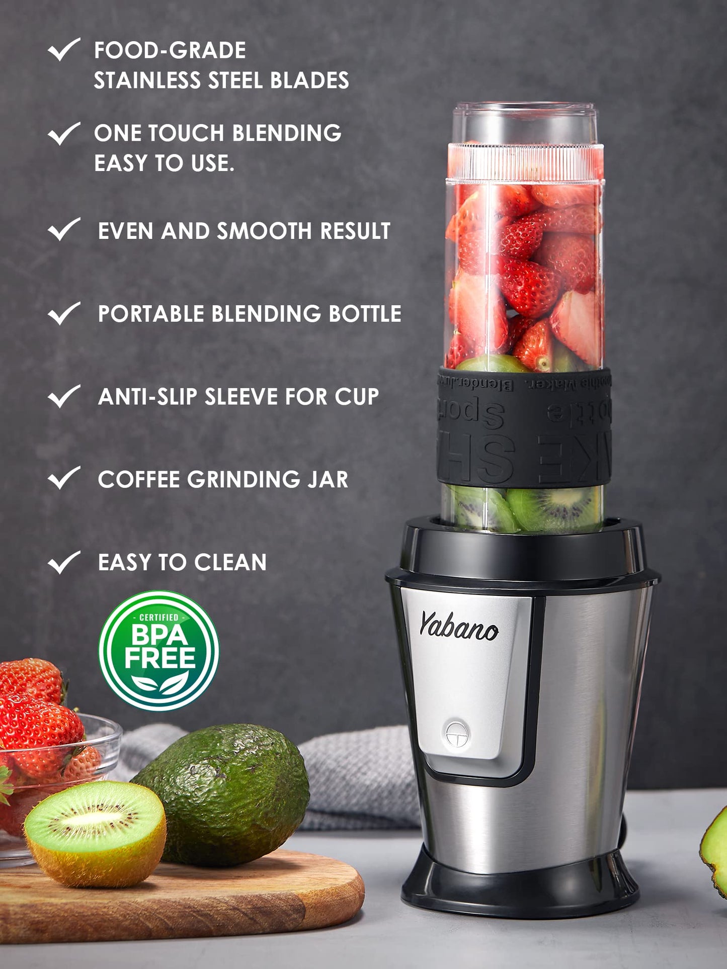 Yabano Personal Blender with 2 x 20oz Travel Bottle and Coffee/Spices Jar, Portable Smoothie Blender and Coffee Grinder in One, 500W Single Serve Blender for Shakes and Smoothies, BPA free (Black)