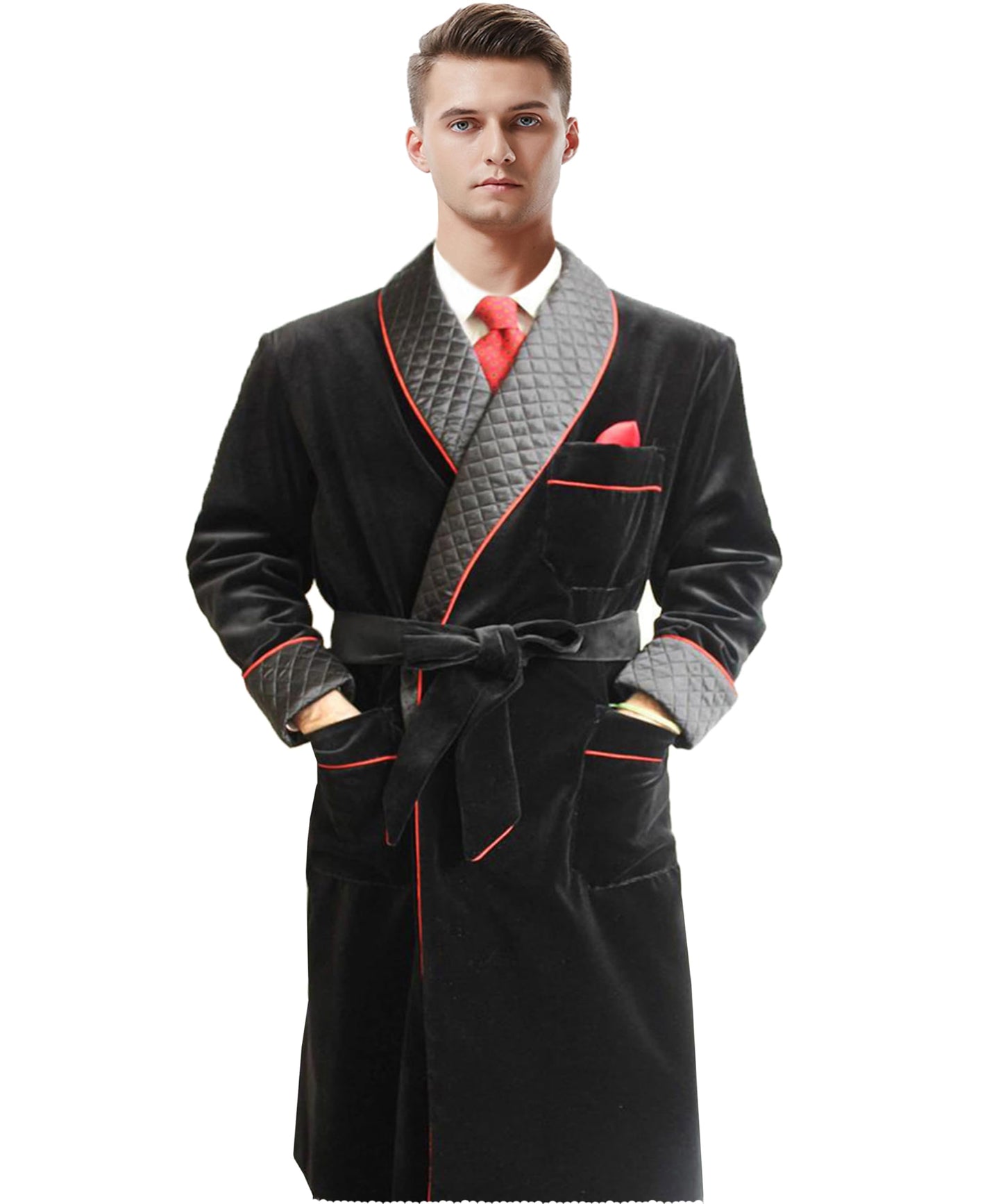 Apornipal Men's Long Velvet Smoking Jacket with Belt Shawl Lapel Smoking Robe Quilted Dressing Gown (Black,48R)