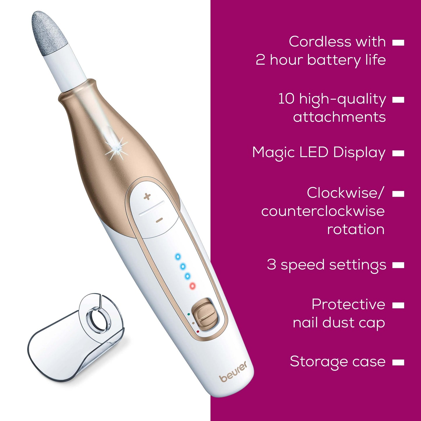 Beurer MP64 Nail Drill Kit, Cordless Electric Nail File with 10 Attachments and LED Light, Electric Manicure Set with Adjustable Speed, E-File for Manicure and Pedicure, with Storage Case