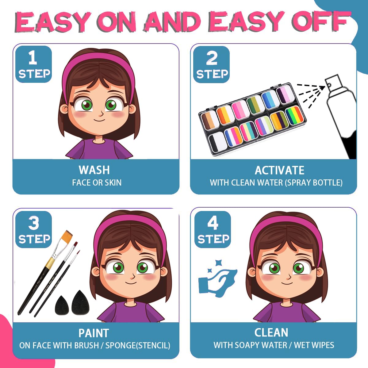 Face Painting Kits for Kids Adults Party Professional Split Cake Palette Water Actived Body Paint for Skin with Brushes Sponges Stencils Non-Toxic & Washable for Birthday Children's Day