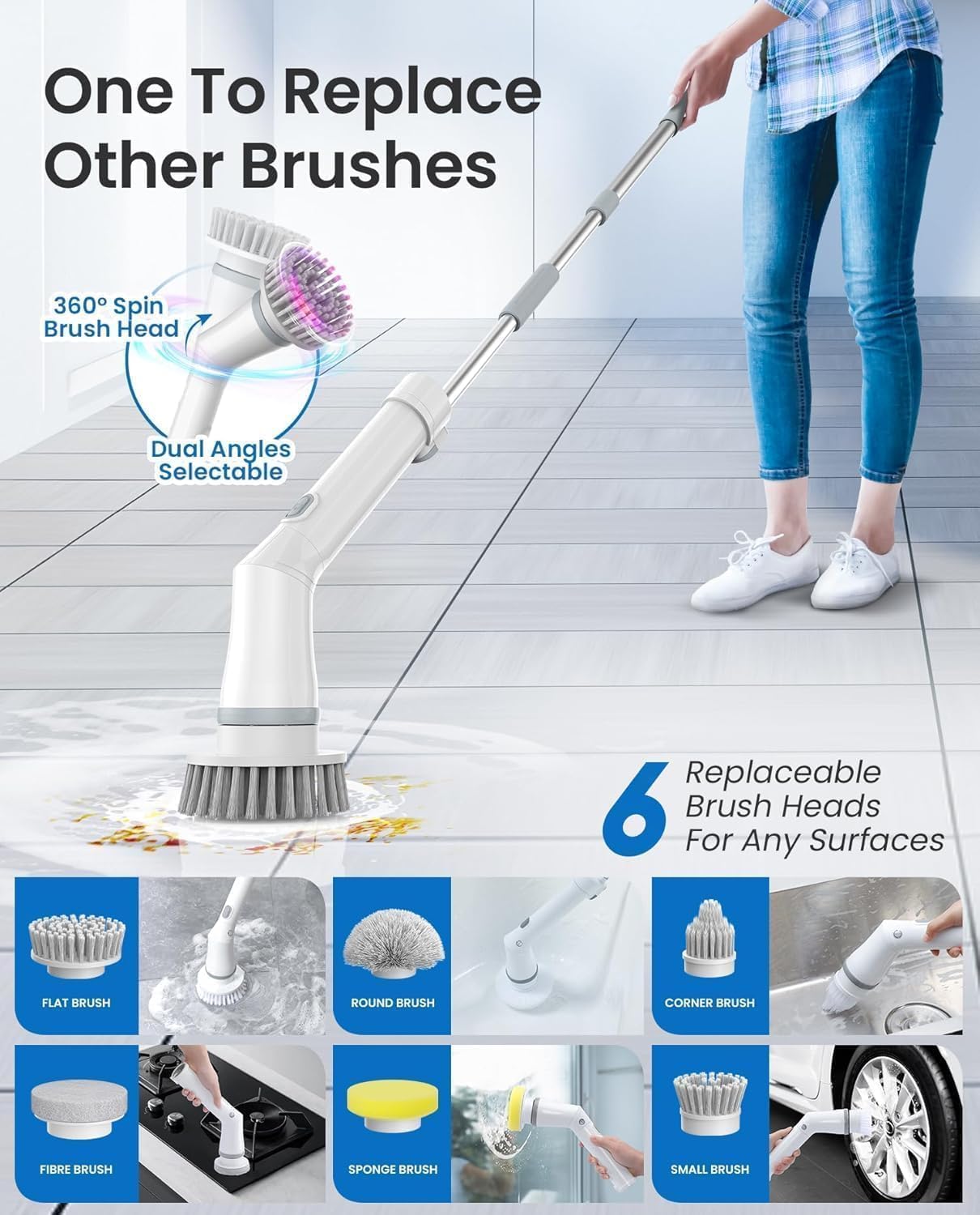 Lichffy Electric Spin Scrubber, Cordless Power Scrubber with 47" Extendable Handle & IPX7 Waterproof, 2-Speed 480RPM Cleaning Brush for Shower Floor, 6 Replaceable Brush Heads, Beginner, White-oa2.