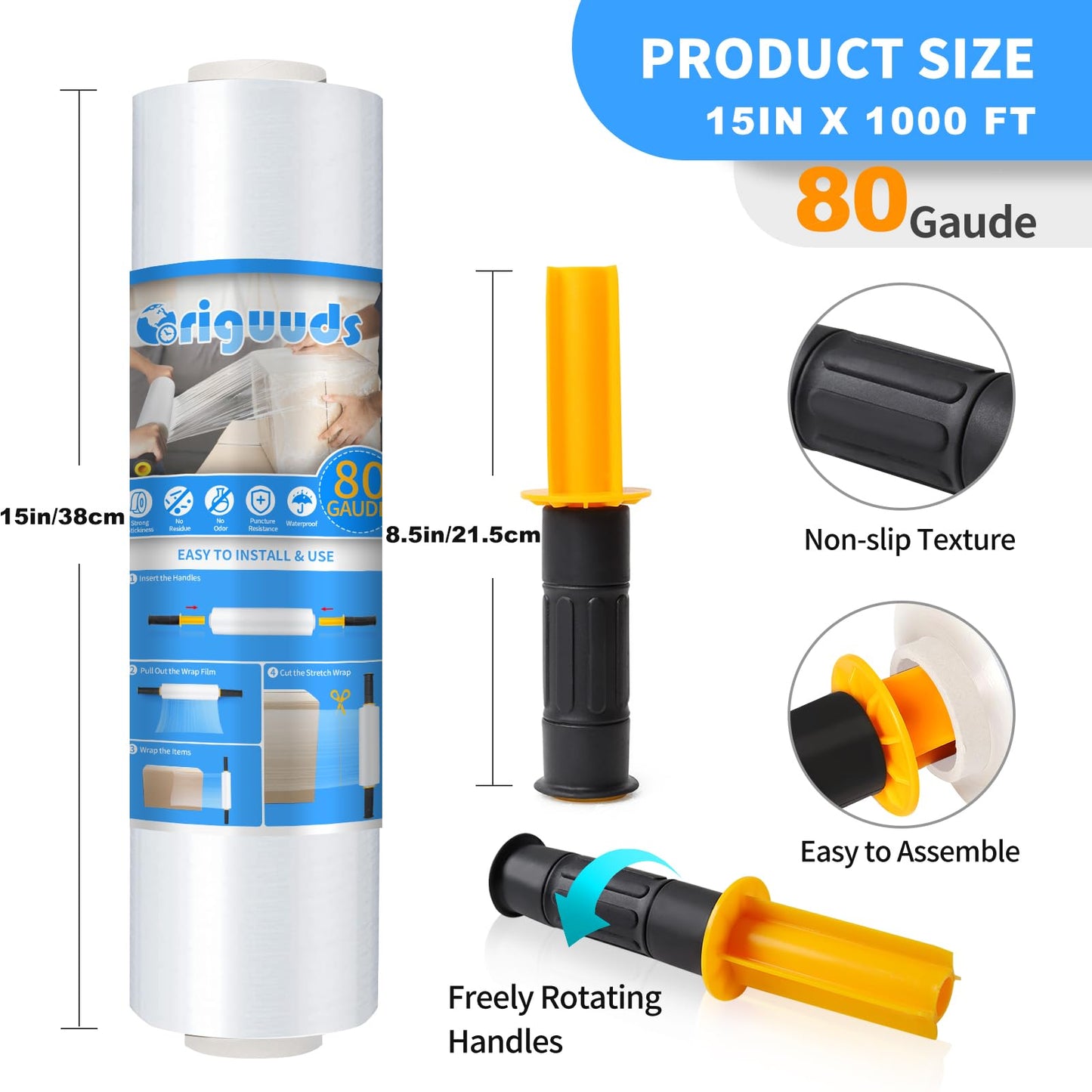 Origuuds Stretch Film, 80 Gauge Stretch Wrap with Handles, Industrial Strength Plastic Wrap for Moving, Pallet Wrap, Packing, Furniture Wrapping, Luggage (Clear/15 Inch x 1000 Feet, 2 Roll)