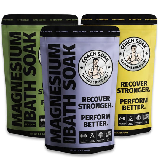 3 Pack Bundle: Coach Soak Recovery Bath Soak, Epsom Salt Bulk, Bath Salts Bulk in 3 Pack Bundle, Total of 9 Pounds (Eucalyptus, Lavender, Citrus)