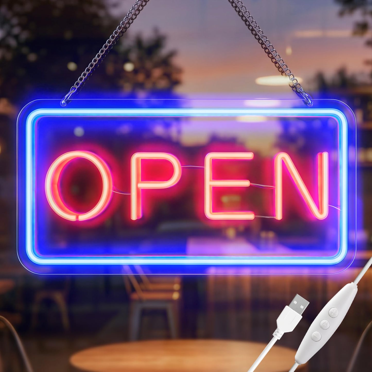GABROGA 16 x 8inch Open Sign for Business, 10-Level Dimmable LED Neon Light up Open Signs, 5V/2A Open Sign USB Powered with 6.6FT Cord Easy to Hang for Window Bar Cafe Salon Store Front, Blue-Red