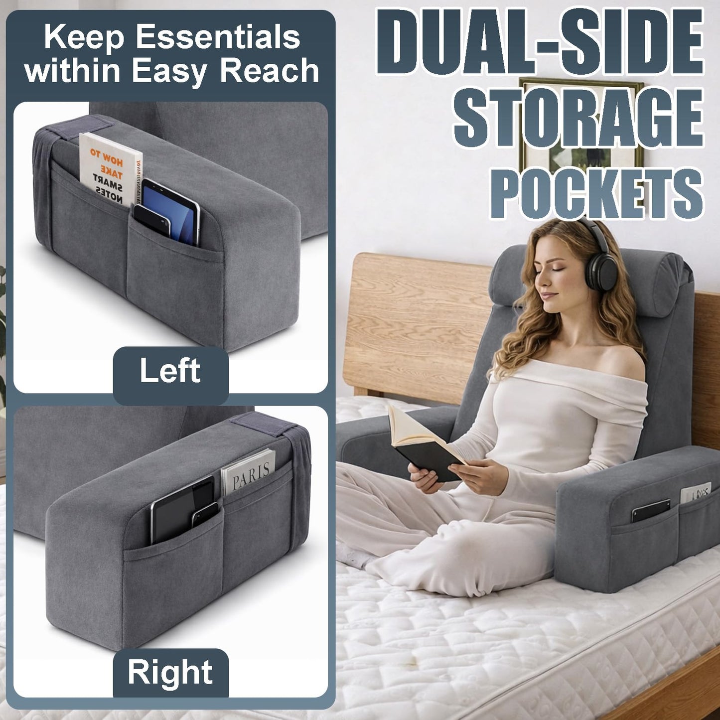 19" Reading Pillow for Bed Adult, Backrest Support Pillow for Bed, Sofa, Floor, Comfortable Back and Neck Support with Side Pocket, Removable & Washable, Ideal for Reading, Watching TV & Laptop Use