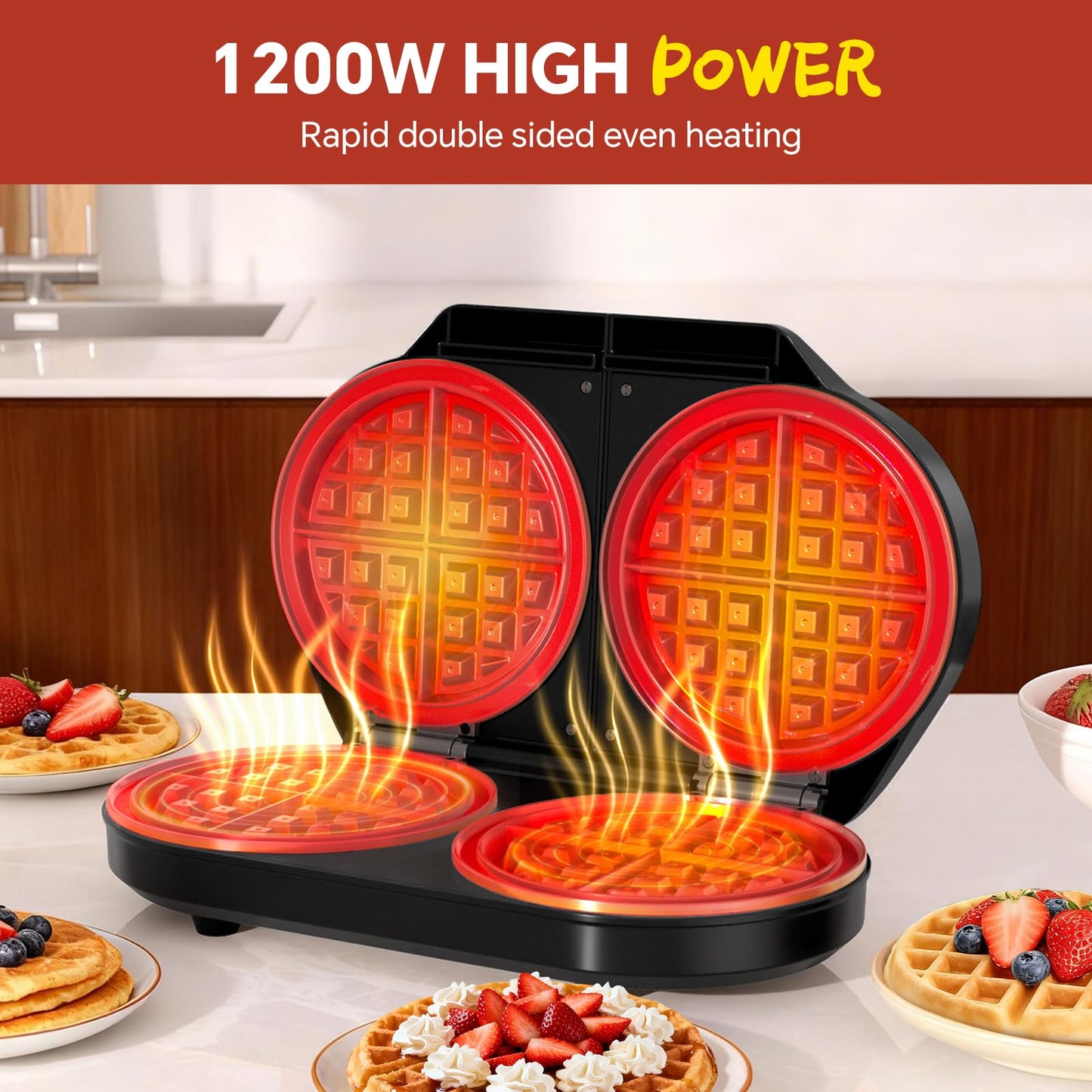 Double Waffle Maker, Belgian Waffle Maker, 6.5 Inch Waffle Iron with 2 Independent Adjustable Temp Knobs & Indicator Lights, Easy-Clean Nonstick Plates, Stainless Steel, Black