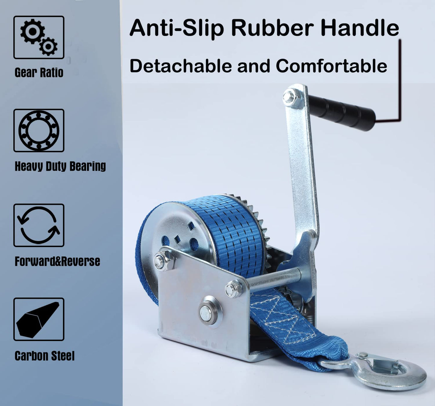 Hand Winch Heavy Duty 600lbs with Strap and Ratchet Handle Hook 2 Gear Manual Crank Towing Winch for ATV Boat Trailer Truck Auto Silver