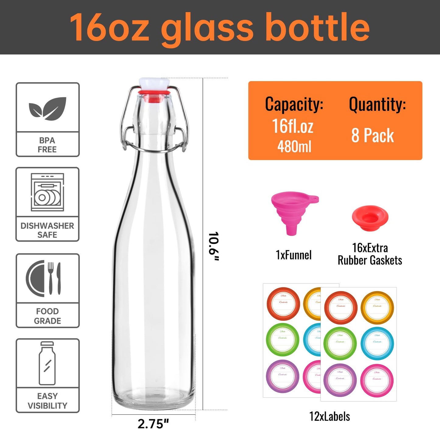 STARSIDE 8 Pack 16 oz Swing Top Glass Bottles, Flip Top Beer Brewing Bottles with Stopper for Home Brewing, Vanilla Extract, Kombucha, Wine