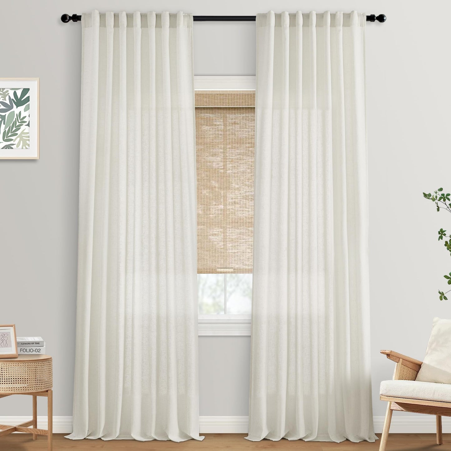 108 Inch Linen Curtains 2 Panels, with Heading Tape Hooks for Track System, Back Tab Extra Long Sheer Curtains for Living Room Bedroom, 9FT, Cream Ivory
