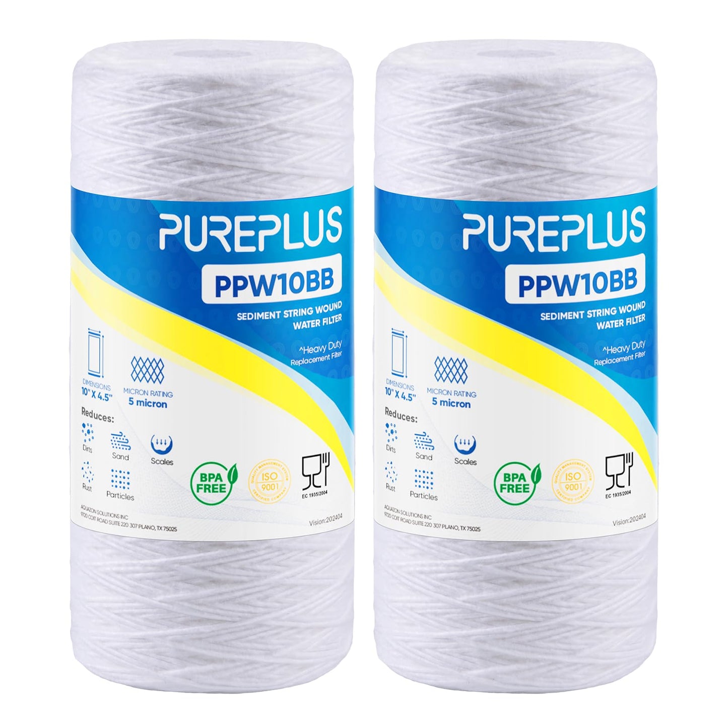PUREPLUS 5 Micron 10 x 4.5 Whole House String Wound Sediment Filter for Well Water, Replacement Cartridge for 84637, WPX5BB97P, PC10, 355214-45, 355215-45, WP10BB97P, WP5BB97P, 2Pack
