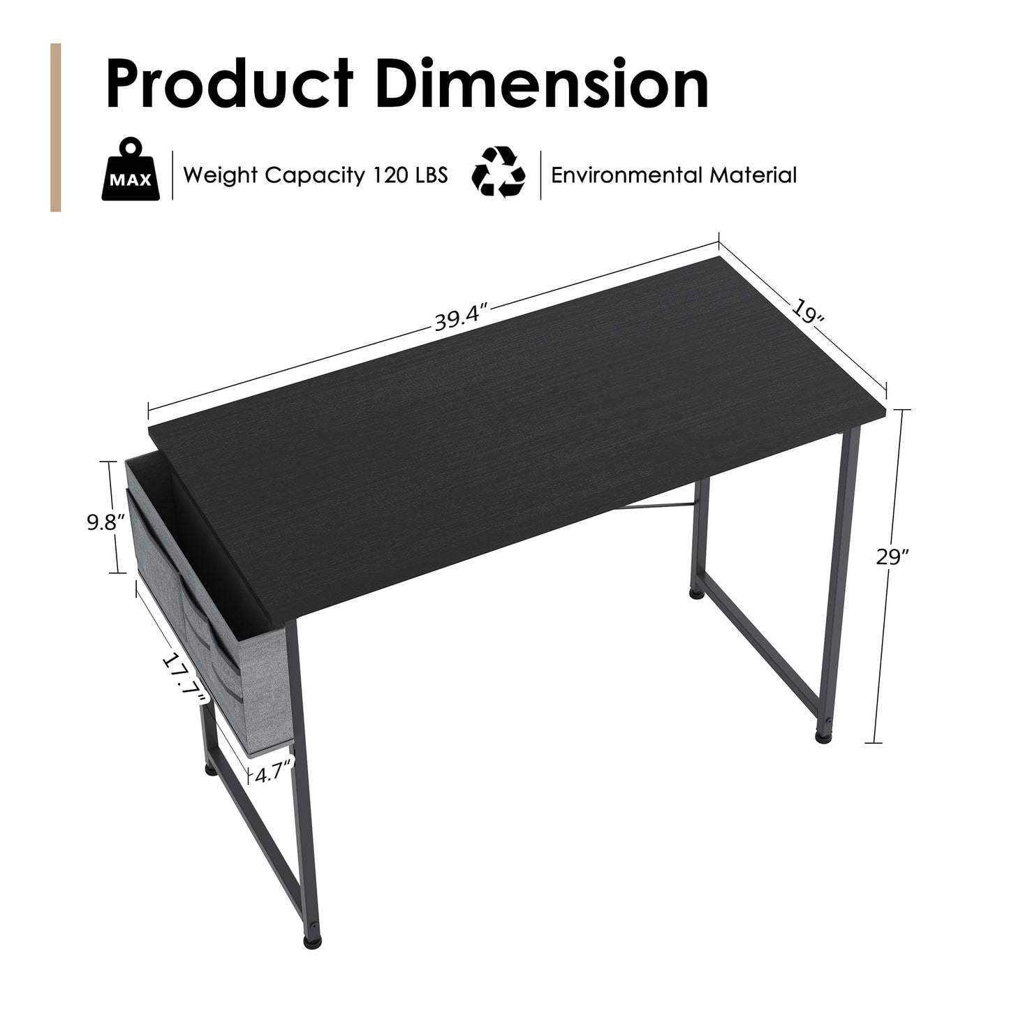 COTUBLR 39 Inch Computer Desk, Home Office Desk, Simple Modern Small Desk for Bedroom, Writing Desk with Storage Bag, Study Table for Students, Black