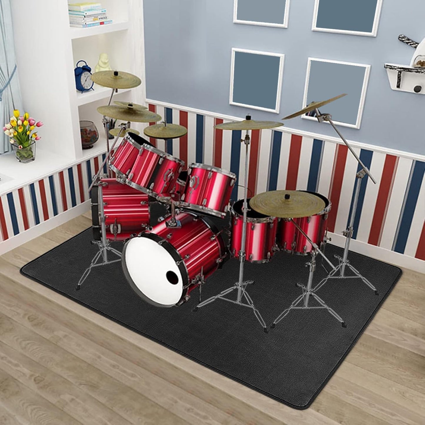 BQKOZFIN Drum Rug, Drum Mat, Carpet Music Rug with Non-Slip Grip Bottom Roll, Outdoor Summer Drum Carpet of 27 Square Feet Great Gifts for Drummers, Black (4.6x5.9FT, 140x180CM)
