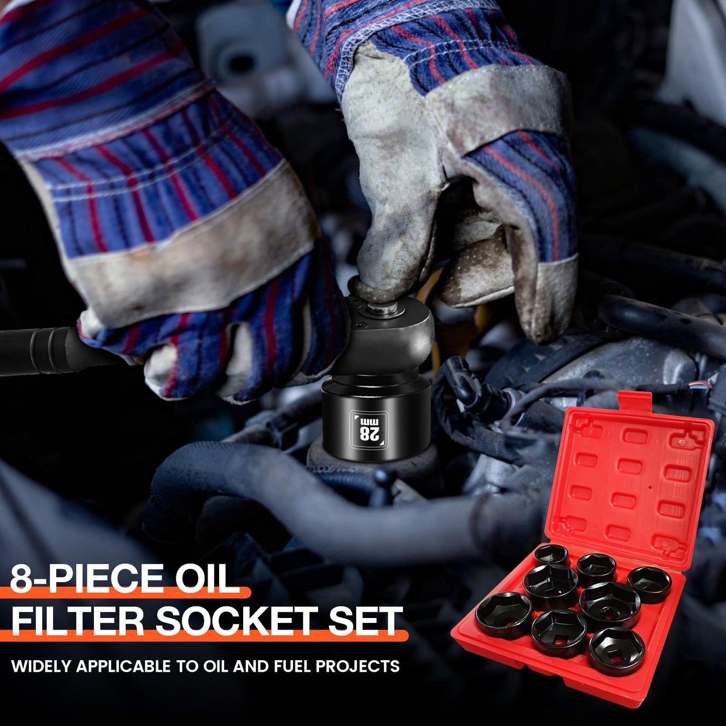 8 Pieces 3/8” Drive Low Profile Oil Filter Socket Set, Metric Size 24mm 27mm 28mm 29mm 30mm 32mm 36mm 38mm, Chrome Vanadium Steel, 6 Point, Oil Filter Cap Remover and Installer Tool Set