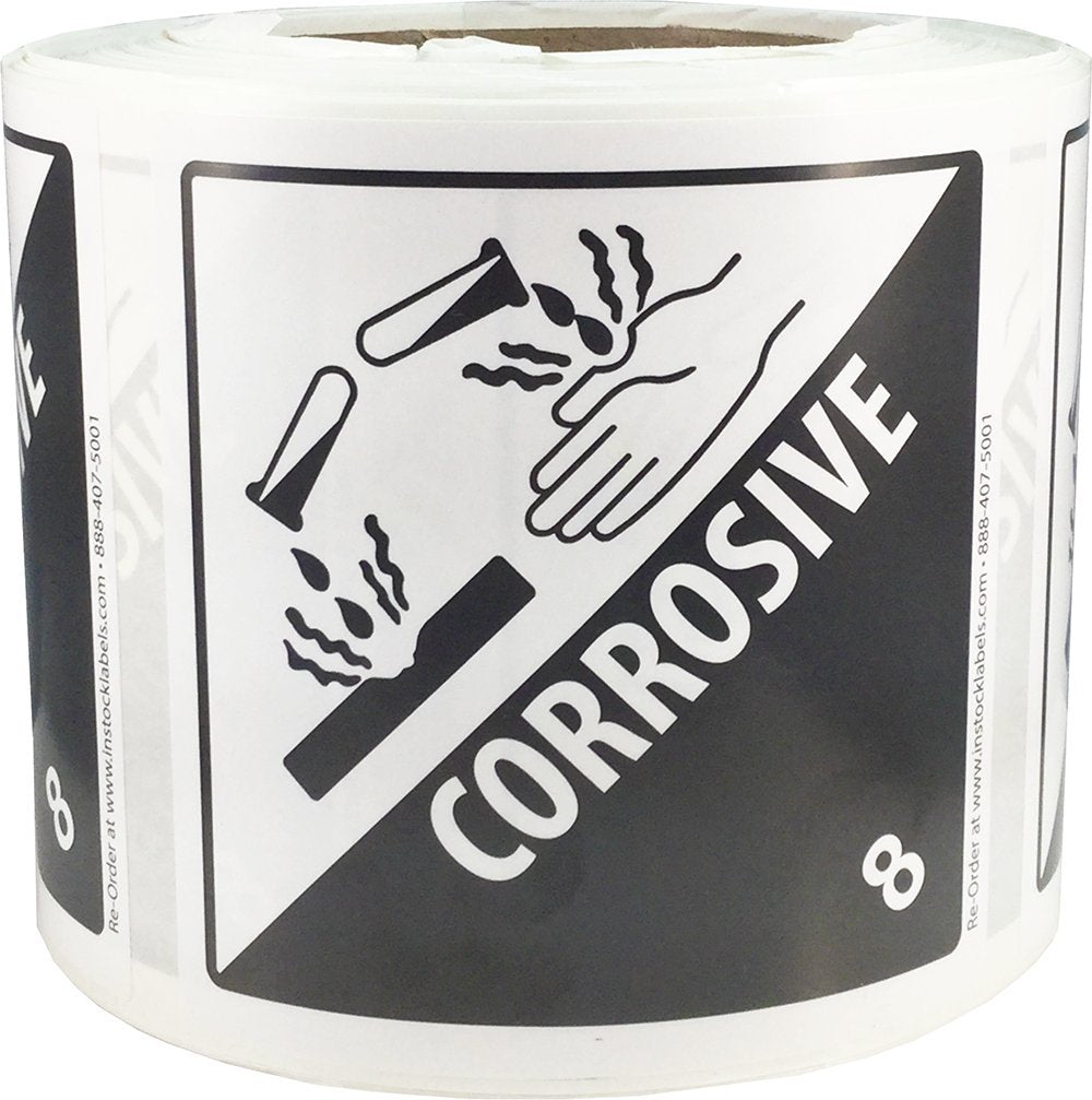 Hazard Class 8 D.O.T. Corrosive Labels | 102 mm 4 x 4" Inch Square | 500 Pack