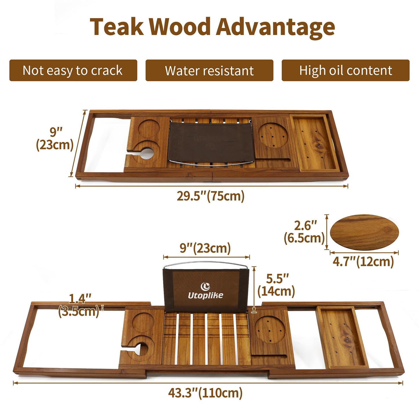 Utoplike Teak Bathtub Caddy Tray Bath Tray for Tub, Unique Bathtub Organizer with Book Tablet Wine Glass Cup Towel Holder, Adjustable, for Your Loved