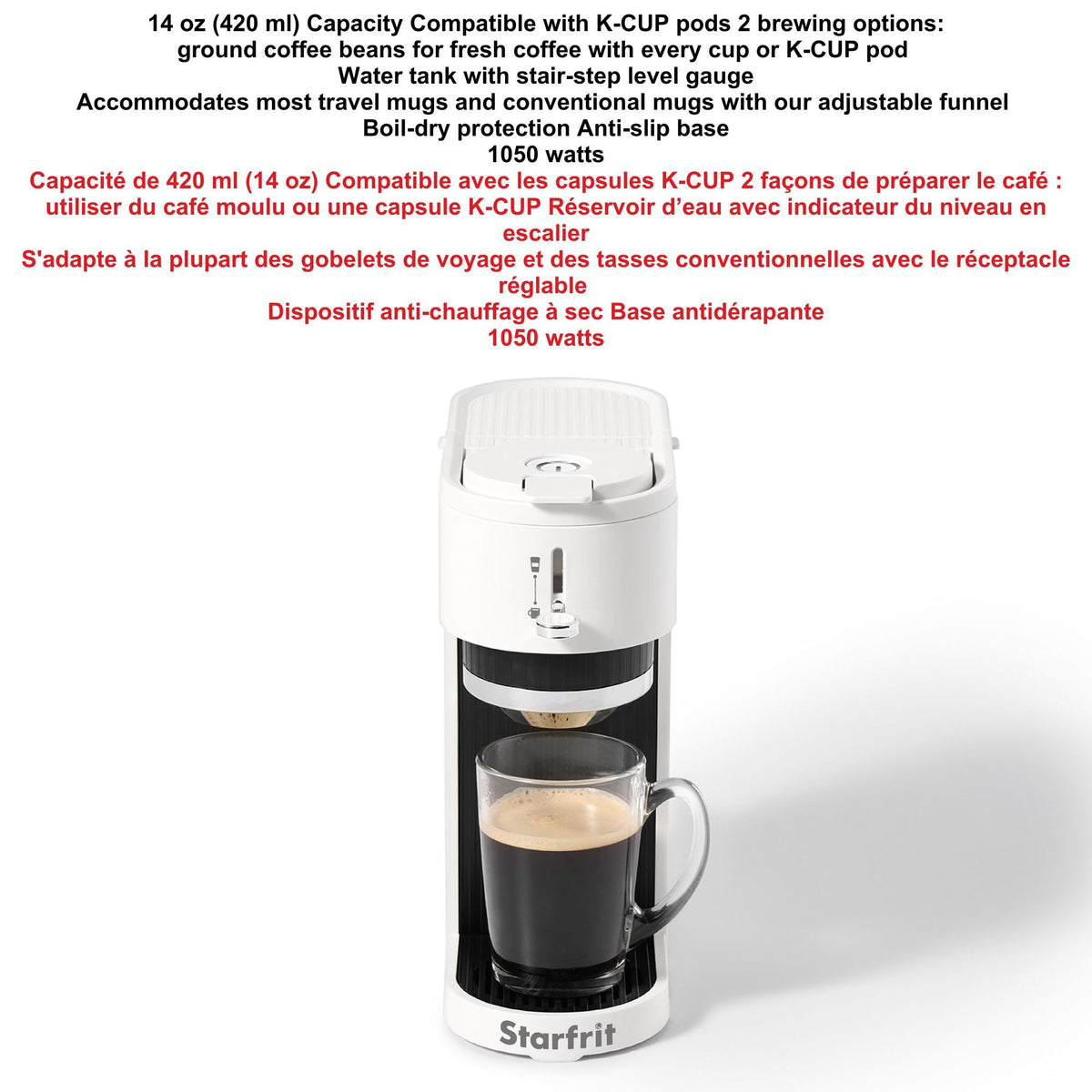 Starfrit 2-in-1 Coffee Machine - Brews K-Cup Pods or Ground Coffee - Adjustable Spout for Mugs - Removable Filter Basket - White Matte