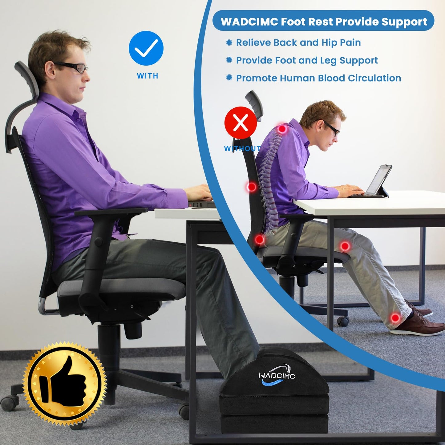WADCIMC Foot Rest for Under Desk at Work, Warmer Feet Pocket Footrests,Foot Stool with Washable Cover,Comfortable Footrest with 3 Adjustable Heights, for Office Gaming Chair, for Leg Support, XL(18IN)