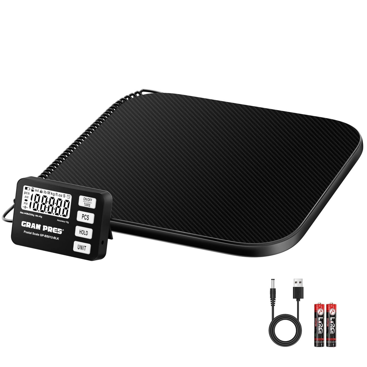 GRAM PRES Shipping Scale 440 lbs/10g Highly Accurate Digital Postal Scale with Hold/Tare/Pcs LCD Display for Packages/Luggage/Post Office/Dog Battery & USB Cable Included