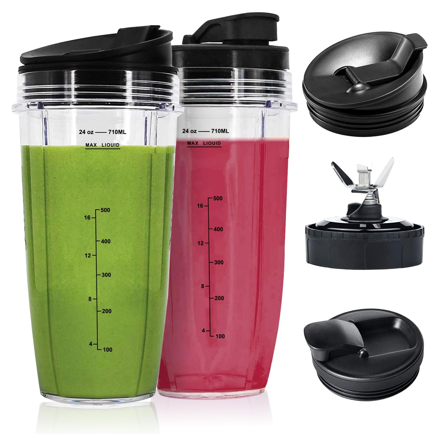24oz Nutri Ninja Auto IQ Series Blender Cup Replacement - 7 Fins Blade Base & 2 Unbreakable Lids, Compatible with Ninja Auto iQ BL480-30 BL451-30 BL640-30 BN750 CT640C, BPA-Free Tritan