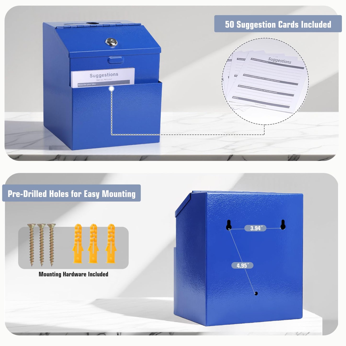 Suggestion Box with Slot and Lock & 50 Suggestion Sheets Wall Mounted Donation Box with Lock Steel Blue
