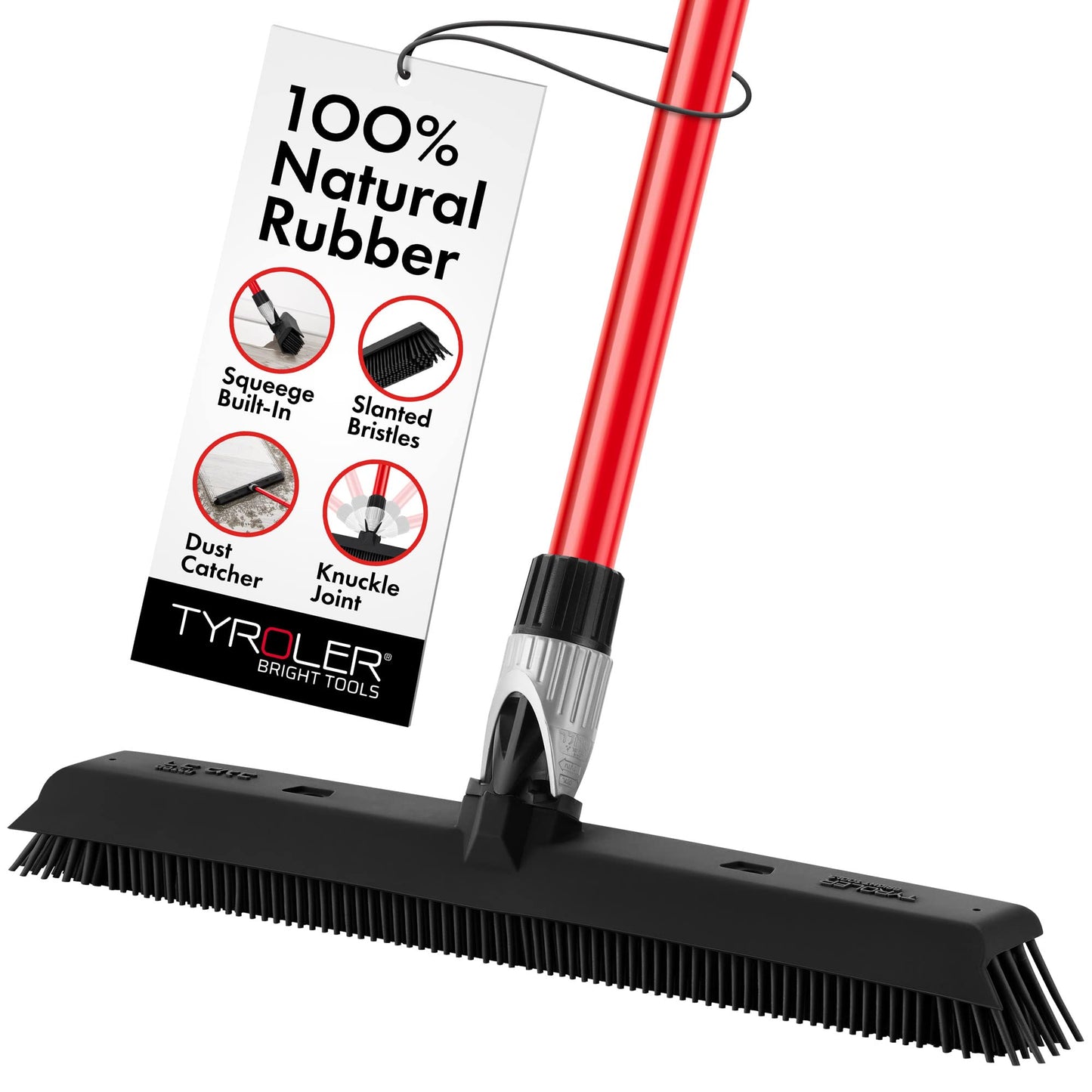 Tyroler 2-in-1 Silicone Broom & Floor Squeegee | Anti-Rust 4-Piece Handle | Perfect Pet Hair Removal for Patio, Floors, Rugs, Carpet Rake, Decks, Indoor/Outdoor (Black - Rubber)