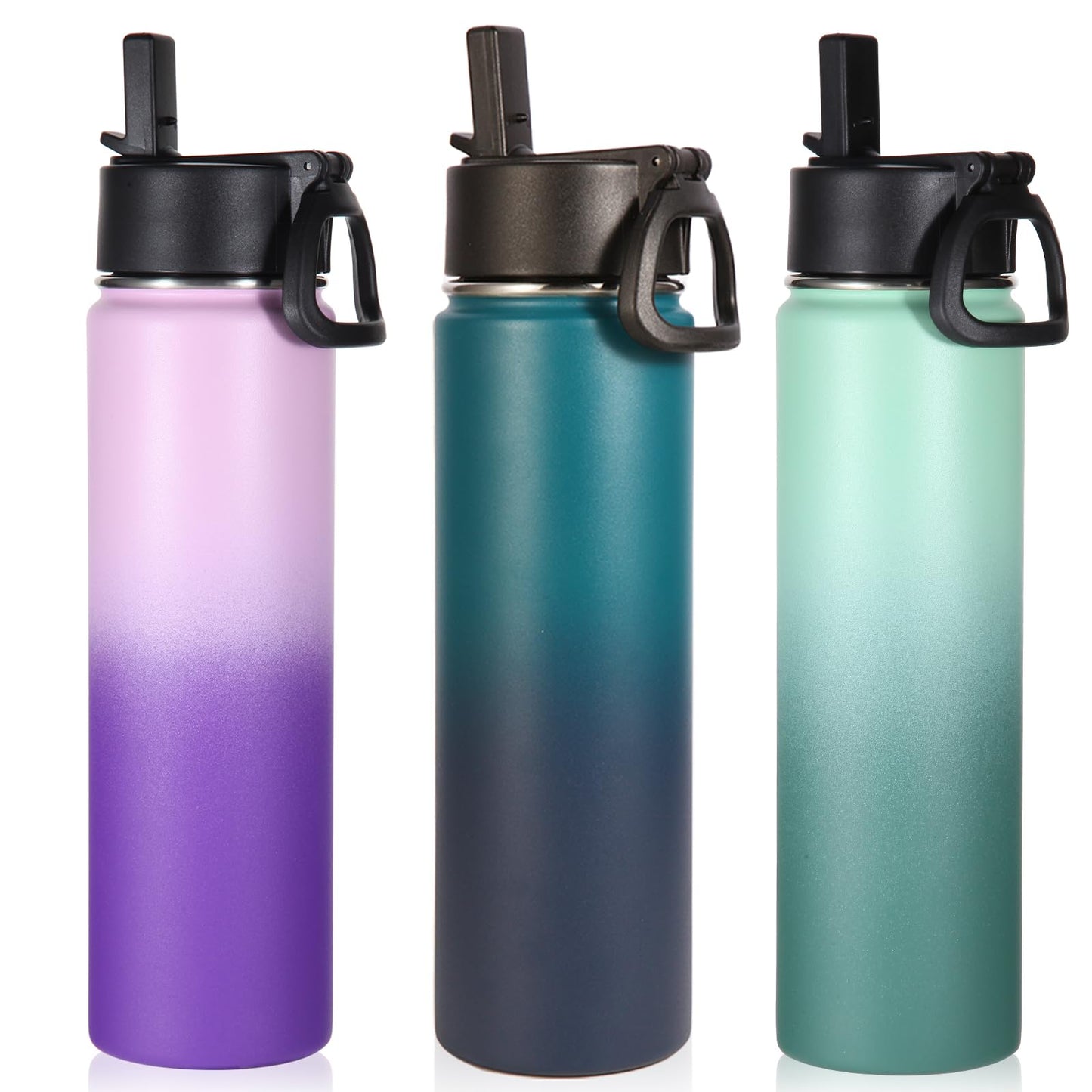 Volhoply 24oz Insulated Water Bottle with Straw Bulk 3 Pack,Metal Wide Mouth Water Bottles with Handle Keep Cold,Reusable Double Wall Flask,Powder Coated Sport Bottle for Holder(Assorted,3 Count)