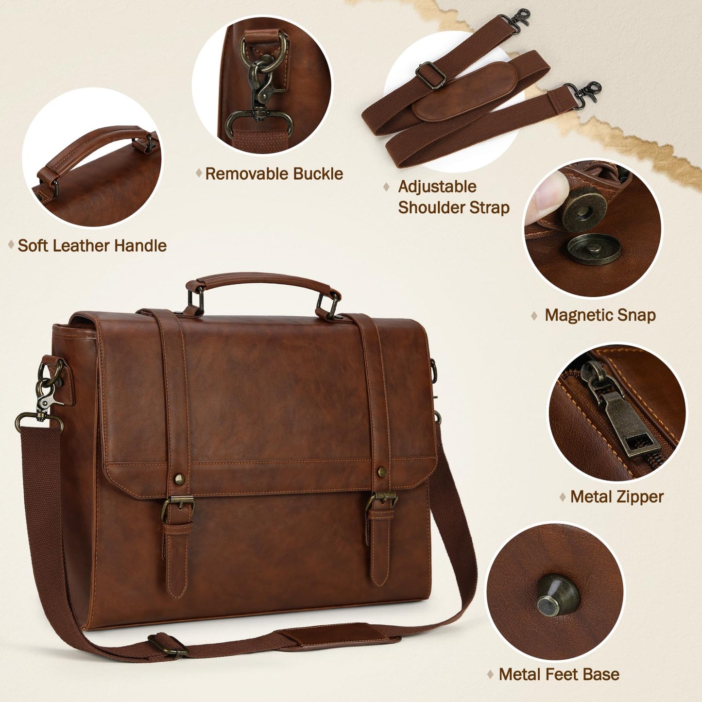 Messenger Bag for Men 18 Inch Waterproof Laptop Bag Vintage Leather Briefcase Large Computer Satchel Bag Retro Shoulder Bag for Office Business Travel College, Brown