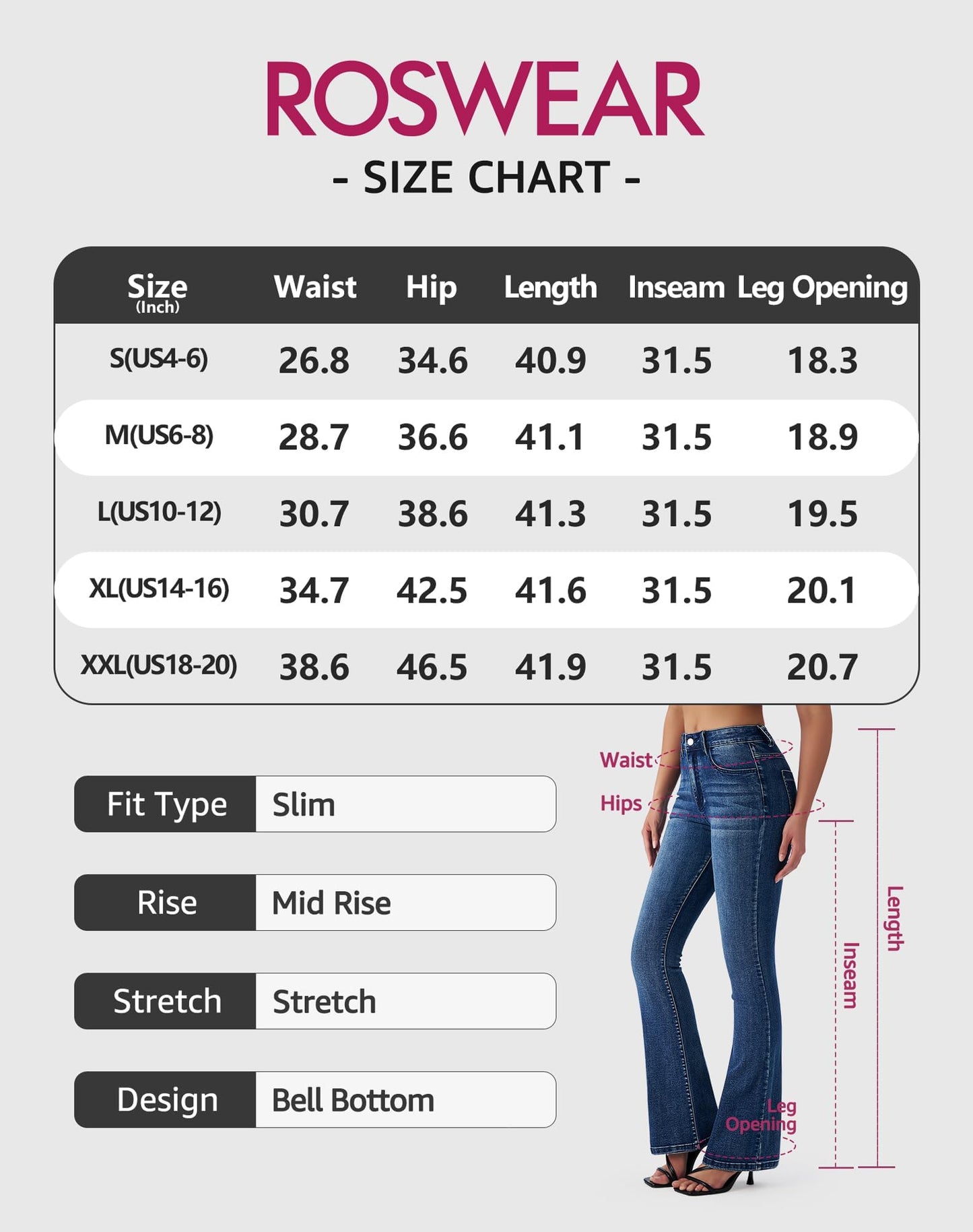 roswear Womens Mid Waist Bell Bottom Stretchy Flare Jeans Pants, Blue, Small