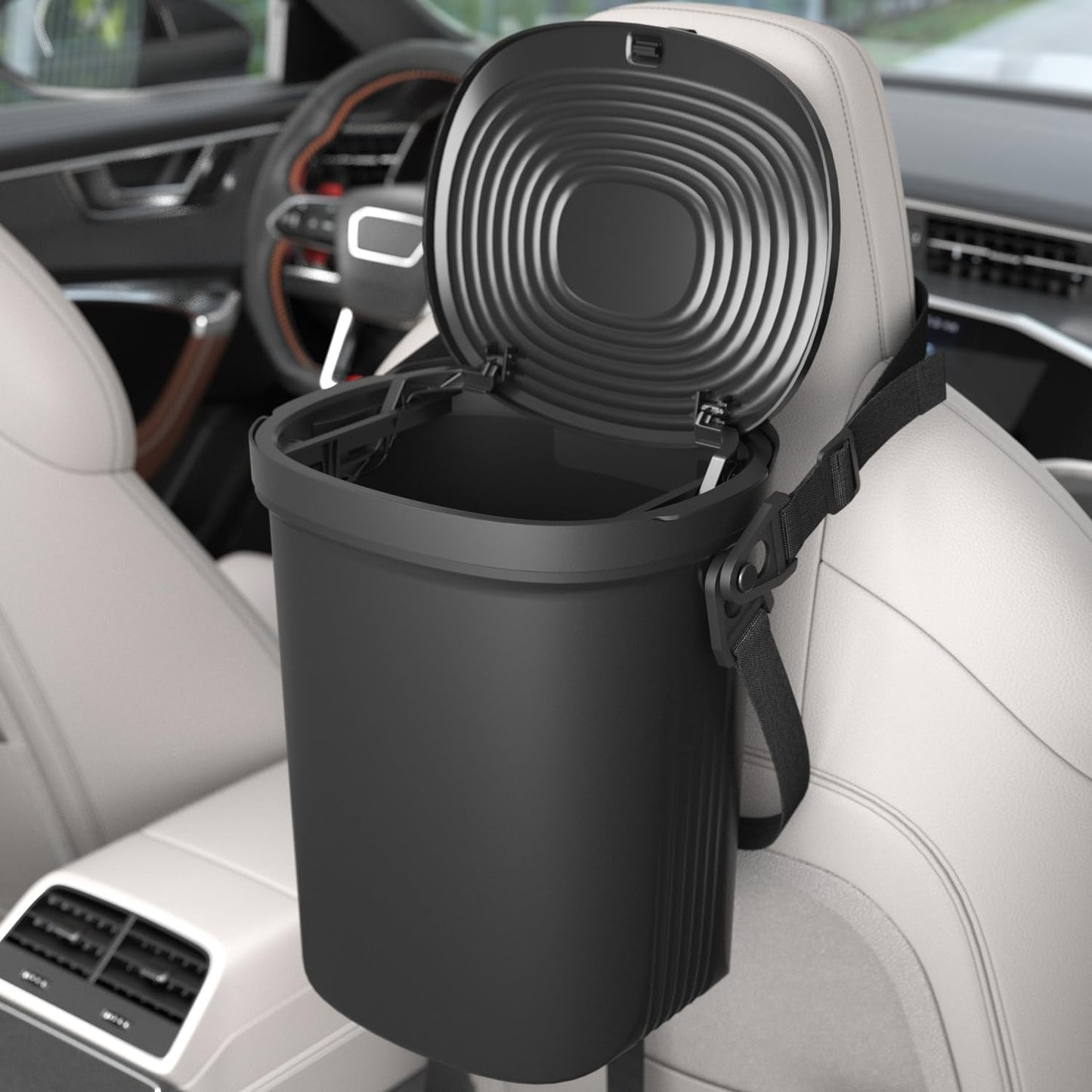 Garoopion Leakproof Car Trash Can, 1.9 Gallon Soft Silicone Hanging Garbage Bin with Lid, Easy to Clean Vehicle Trash Can, Suitable for Sedans, SUVs, MPVs & Trucks