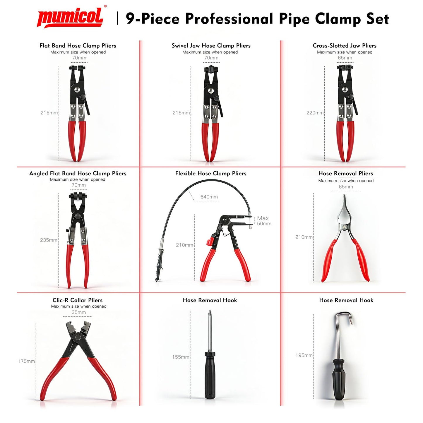 MUMICOL 9PCS Hose Clamp Pliers Set, Locking Long Reach Hose Clamp Tool for Automotive, Flexible Wire Radiator Coolant Heater Hose Removal Pliers with Case for DIY Home Use