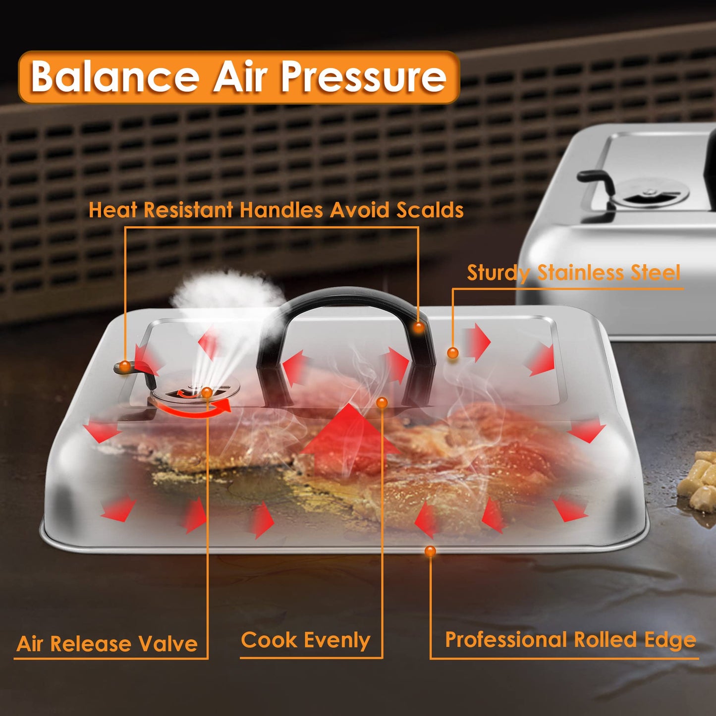 Leonyo 33 x 24 cm Rectangular Basting Cover Set of 2, with Adjustable Vent, Stainless Steel Metal Cheese Melting Dome Lid Heavy Duty for Outdoor&Indoor Flat Top Griddle BBQ Grilling Buffet Keep Warm