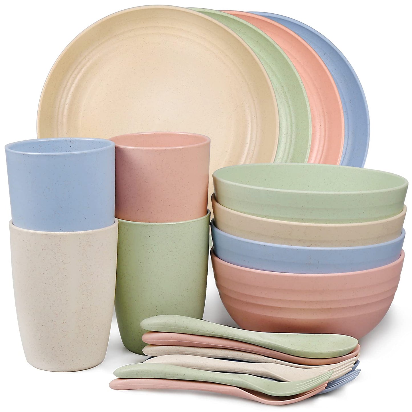 Shopwithgreen 20 Pcs Wheat Straw Dinnerware Set Service for 4 Alternative for Plastic Dinnerware, Microwave & Dishwasher Safe Plates and Bowls Cups, Unbreakable Kids Dishes Set with Forks & Spoons
