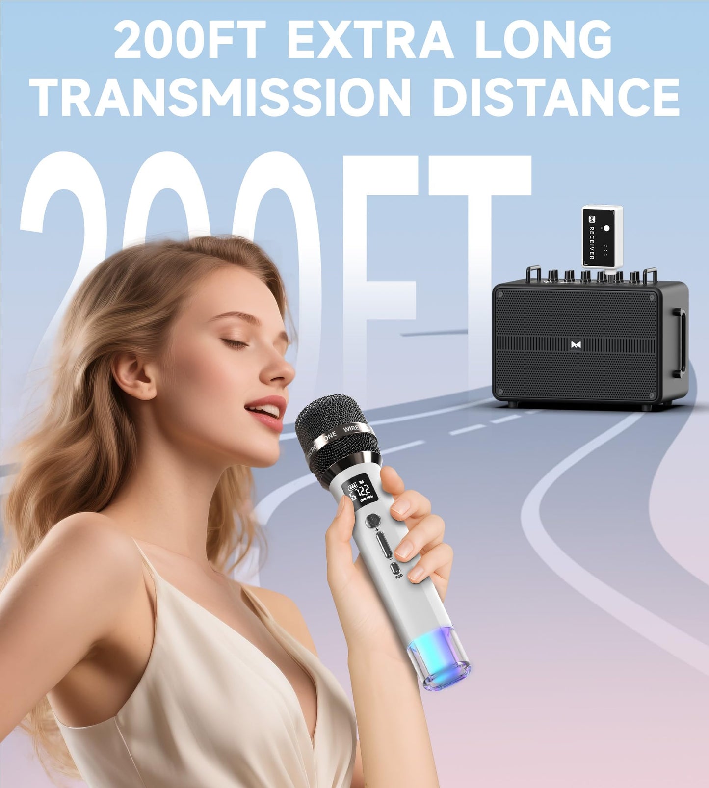 Wireless Microphones, Micorphone with One-to-One Chip Connection and LED Lights, 40H Duration, 200FT Range Receiving, Volume Control Karaoke Micorphone for Singing, Speech, Home Party (White)