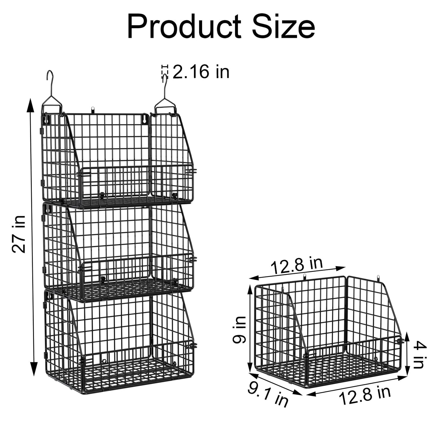 PUPPYCUTE Stackable Wire Baskets for Kitchen Closet Pantry Storage, Hanging Closet Organizers Storage Shelves Organization, Wall Mount Metal Basket Bins, Clothing Vegetable & Fruit Organizer 3 PCS