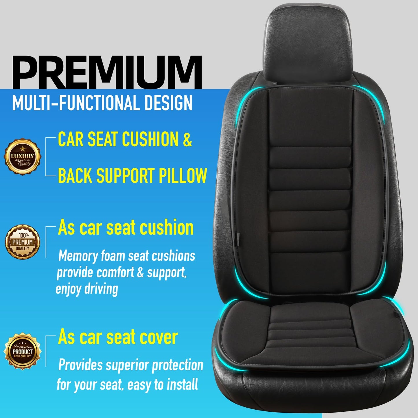Car Seat Cushion with Lumbar Support Pillow: Front Back Cushion & Seat Cushion Full Set, Comfy Memory Foam Driving Cushion for Back-Sciatica Pain Relief, Seat Pad Suitable for Car, Truck, SUV - Black