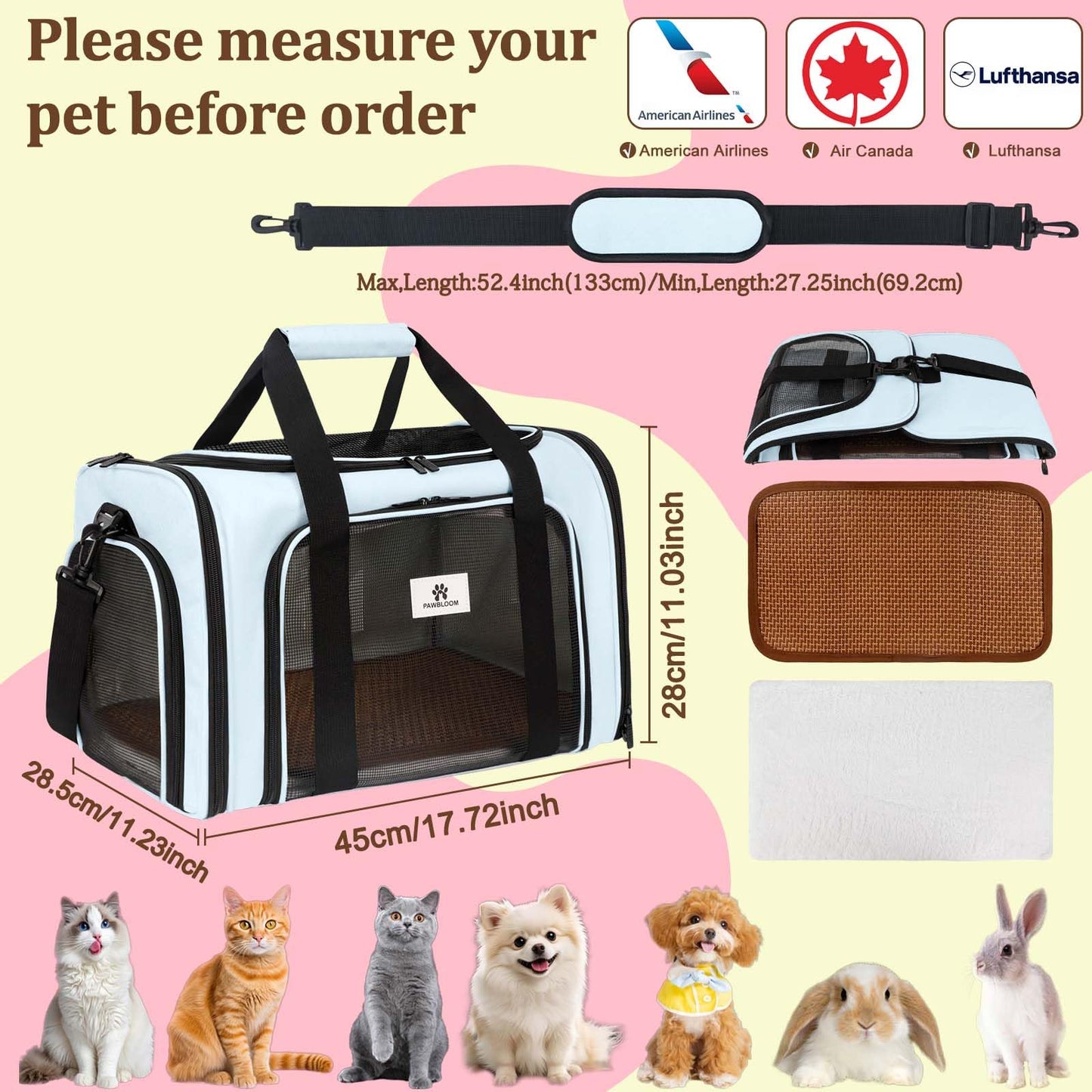 DSDCDJ Cat Carrier Dog Carrier Pet Travel Bag for Small Medium Cats Dogs Puppies up to 15 Lbs, TSA Airline Approved Soft Sided Pet Carrier with Plush Fleece & Cooling Mat, Blue