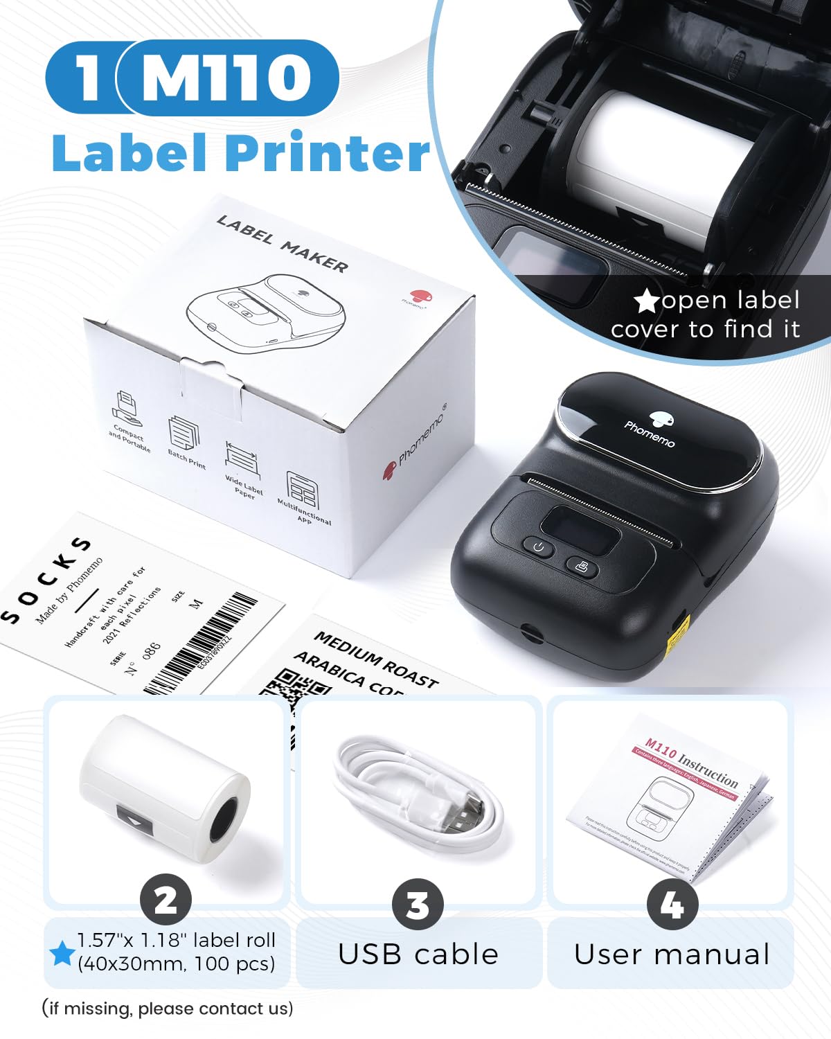 Phomemo M110 Label Printer with Tapes, 2 Inch Portable Thermal Label Maker for Home School Office Small Business Address, Barcode, Crafts, Retail, Support Smart Phone & Computer Connectivity