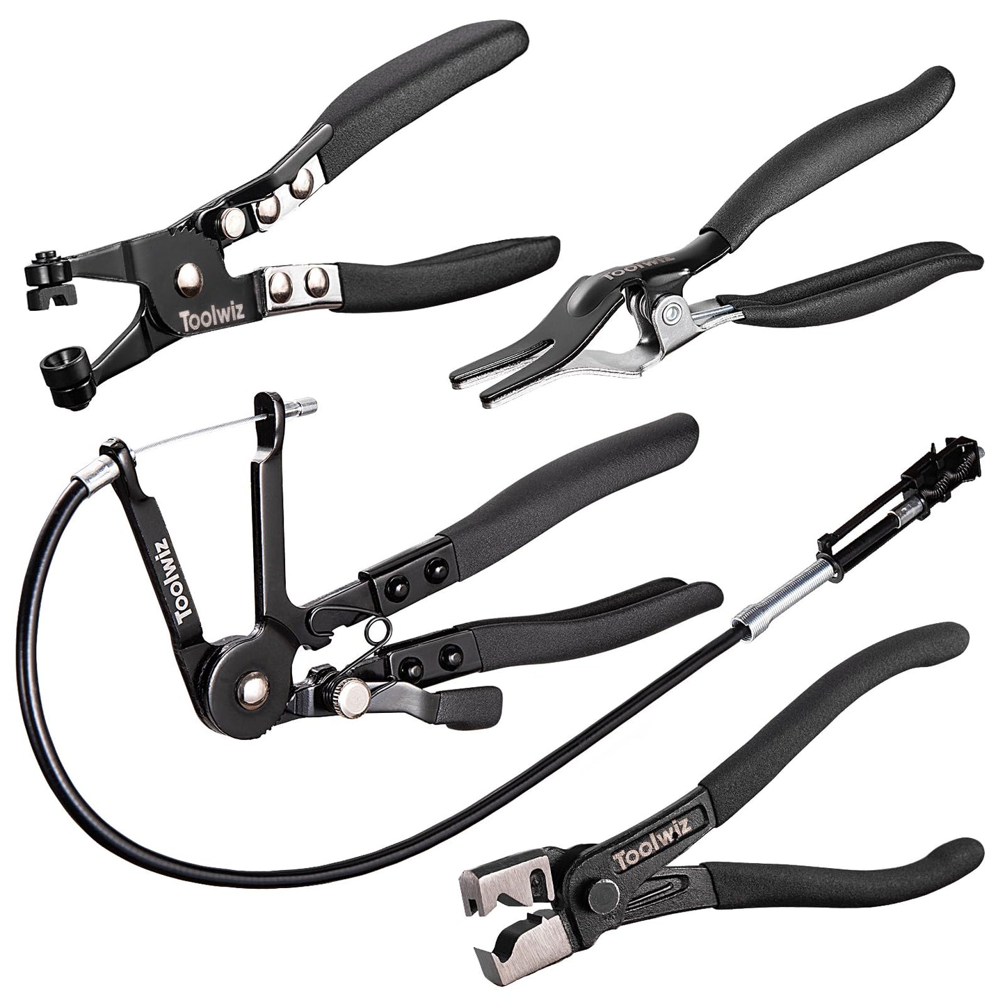 Toolwiz 4 Pcs Hose Clamp Pliers, Spring Coolant Radiator Hose Clamp Pliers Automotive Tools, Includes 27" Long Reach Wire Spring, Flat Band, Remover, Clic-R Type Hand Tools