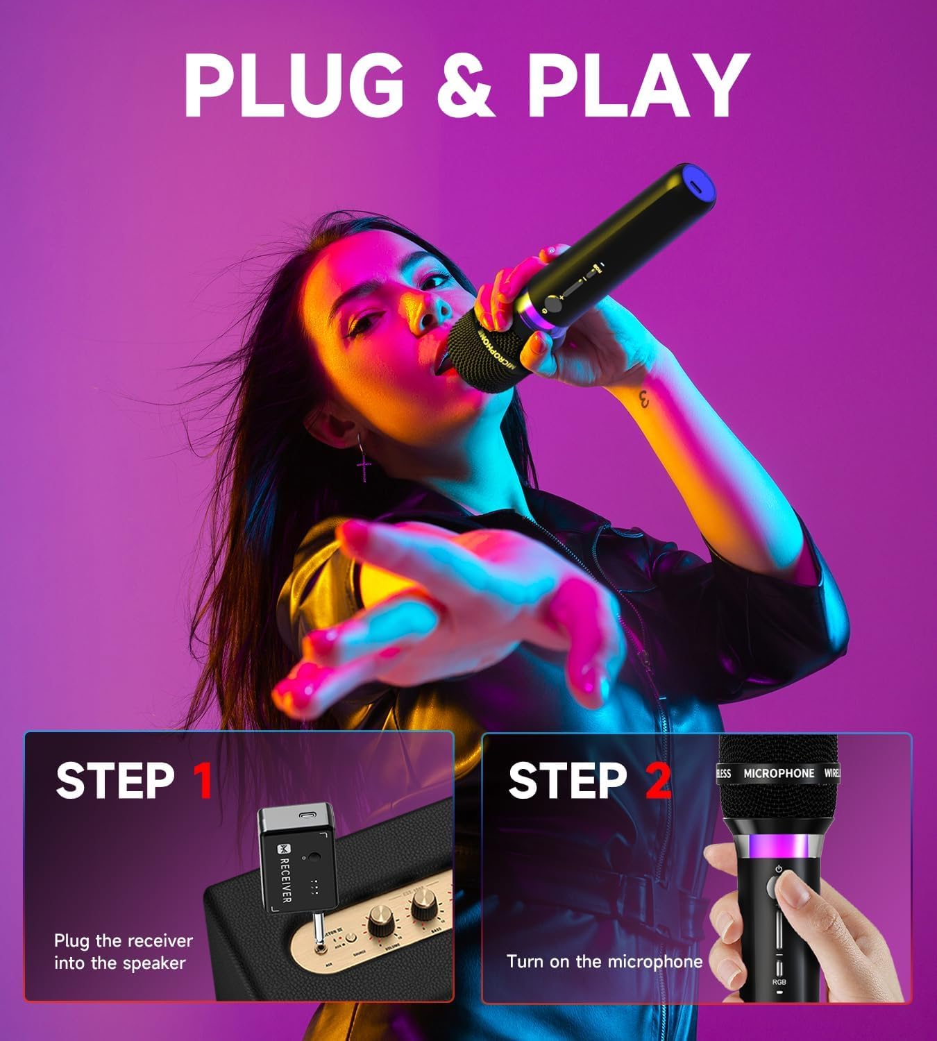 Wireless Microphone, Rechargeable Wireless Microphones with One-to-One Chip Connection and LED Lights, 40H Duration, 200FT Range Receiving, Less Latency Karaoke Microphone for Singing (Black)