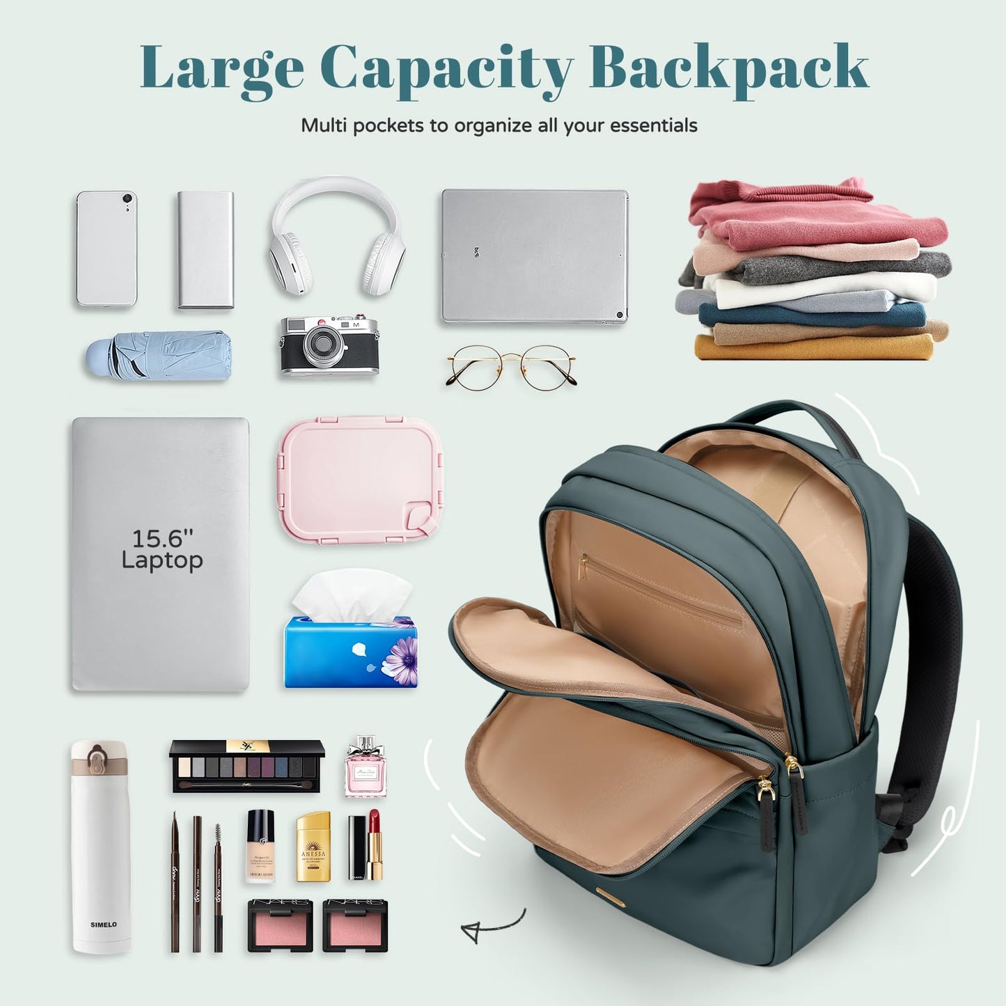 Multifunctional Laptop Backpack for Work Travel Leisure Water-Resistant Multiple Compartments Business Backpack for Women Fits 15.6 Inch Notebook (Atrovirens)