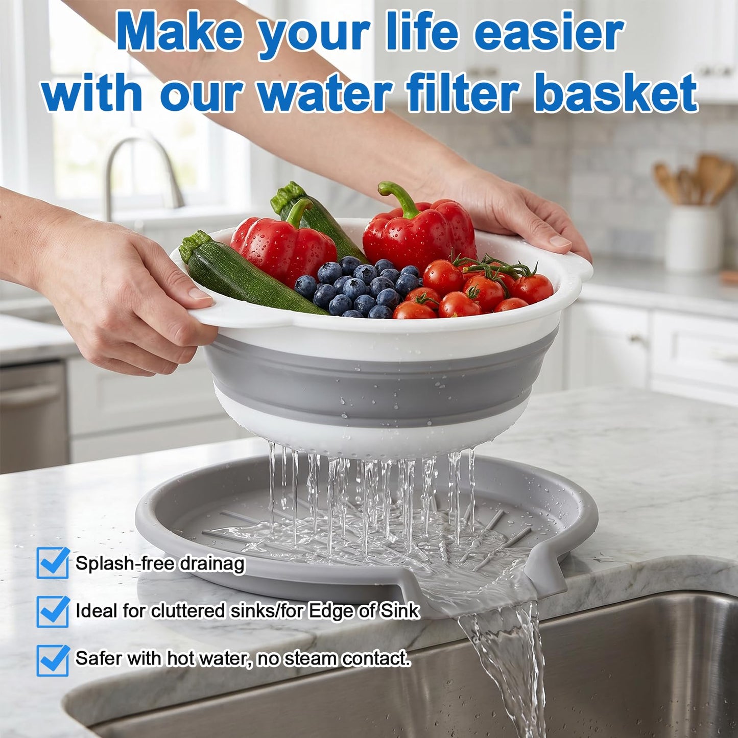 ECHOSAMEN Kitchen Collapsible Colander Set with Draining Base, Edge of Sink Strainer - Space-Saving Food-Grade Silicone Basket with D-Handle for Draining & Rinsing Pasta, Fruits, Vegetables(White)