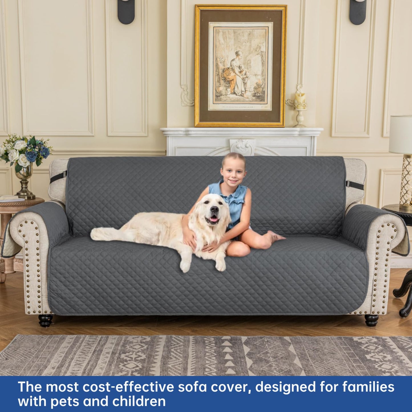 XINEAGE Couch Covers for 3 Cushion with Pockets and Non Slip Straps Water Resistant Sofa Slipcovers for Living Room Soft Thick Furniture Protector for Pets Dogs Kids (Large, Dark Gray)