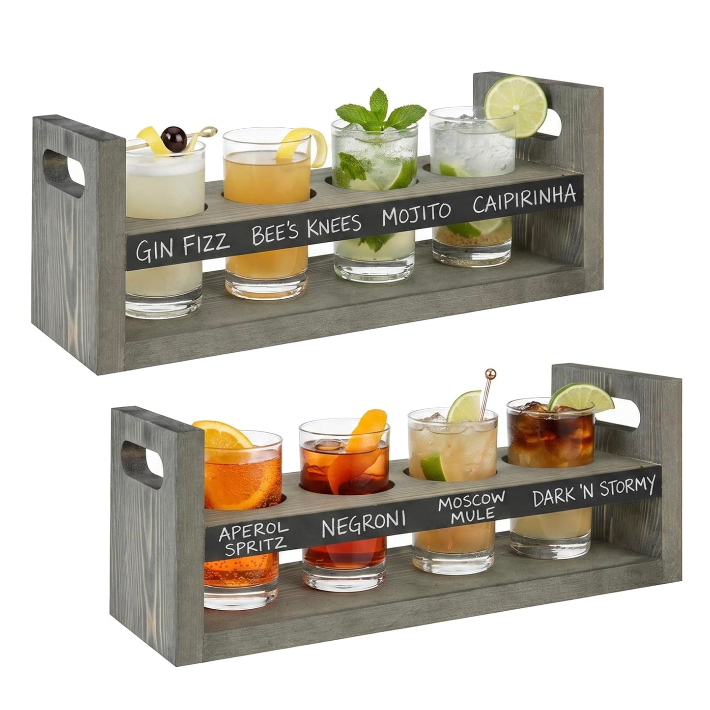 MyGift Vintage Gray Wood Beer Flight Sampler Serving Tray Caddies with Chalkboard Panels & 4 Tasting Glasses, Set of 2