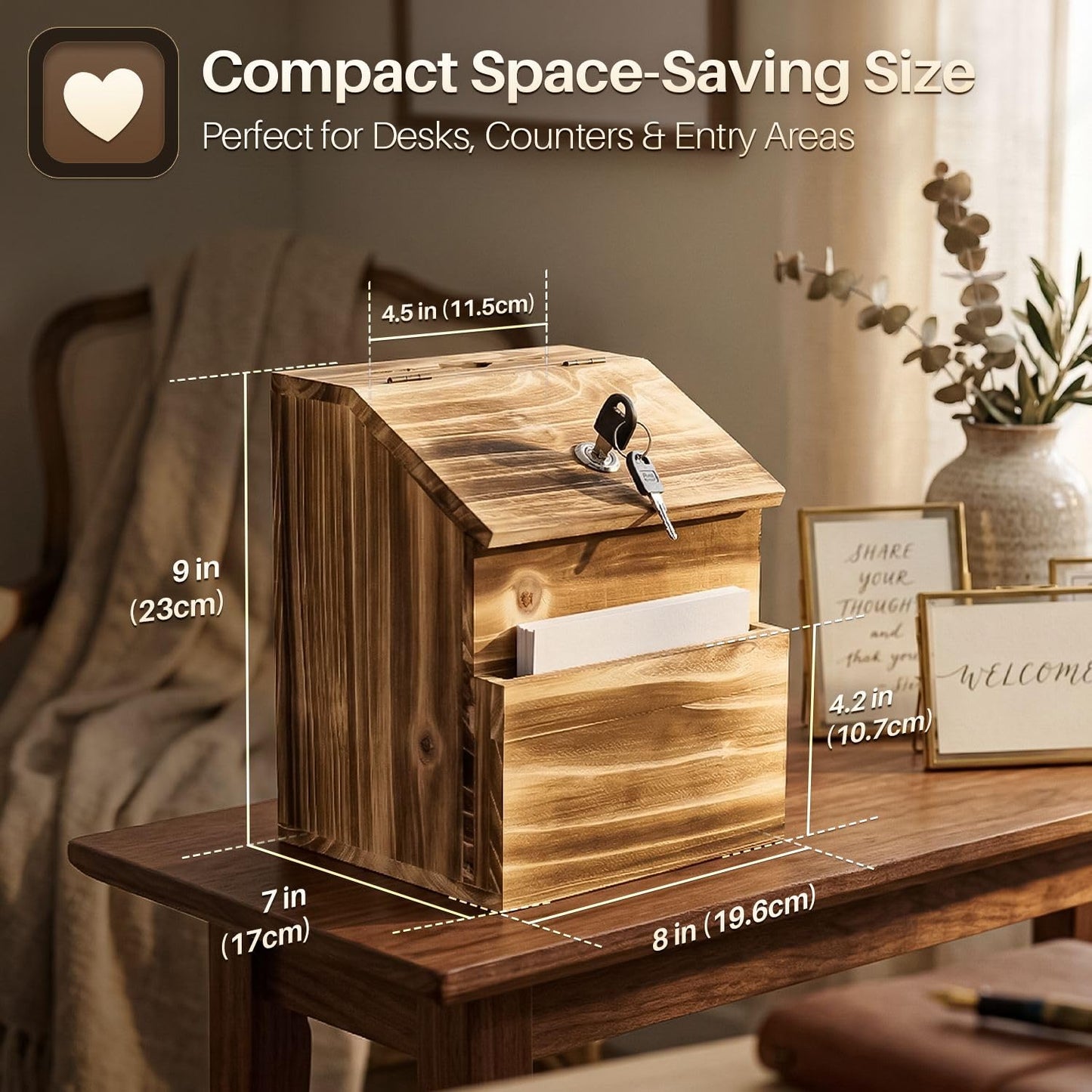 Flexzion Wooden Lockable Suggestion Box with Key Lock Lid, Wall Mounted or Free Standing Locked Ballot Prayer Donation Comment Cash Tip Money Drop Box Includes Hardware, 2 Keys