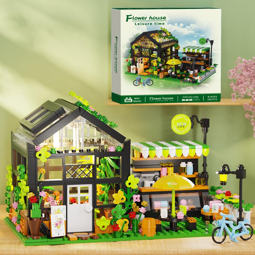 Flower House Building Set with LED, City Street House Flower Shop Building Blocks Toy, Gift for Girls 8-12 Year, Mini Brick 680pcs