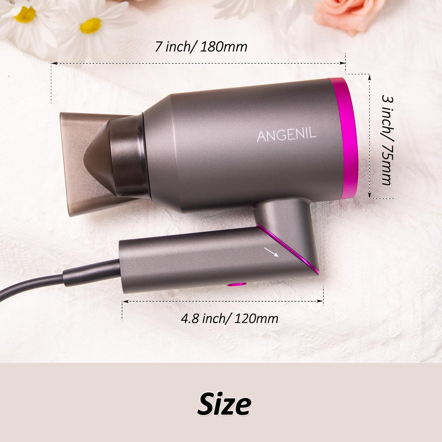 ANGENIL Ionic Hair Dryer, Professional Low Noise Blow Dryer, Fast Drying, Travel Hair Dryer Foldable Handle, 3 Constant Temp/2 Speed, Lightweight Portable Hairdryer for Women & Men, with Nozzle