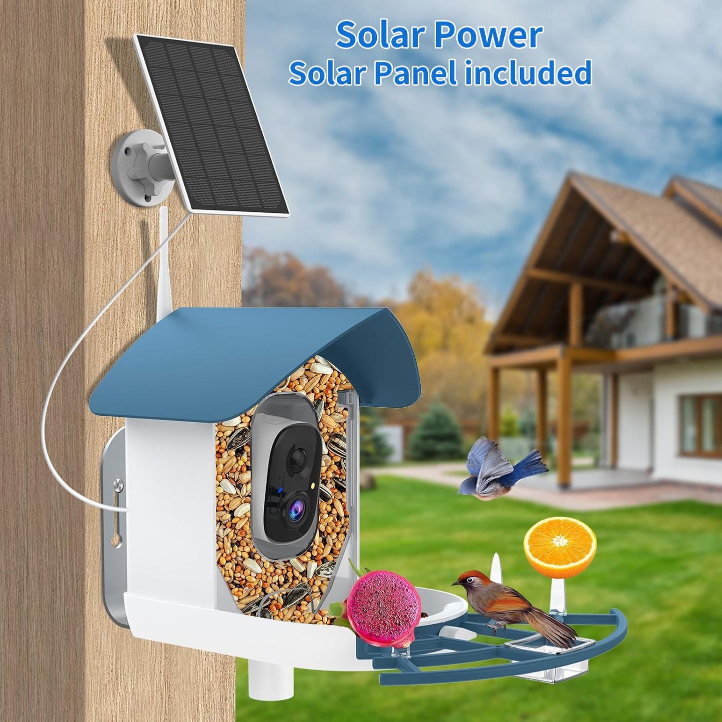 Bird Feeder with Camera,AI Identify Birds Species,Smart Bird Camera with Solar Powered,Auto Record FHD Bird Video in Backyard,Lawn,Instant Notifications,Ideal Gift for Family and Bird Lovers,Navy Blue